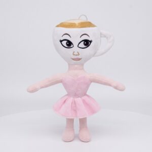 Une peluche Italian Brainrot Ballerina Porcellana rose et blanche, en forme de danseuse avec une tête de tasse, une jupe tutu et les bras écartés, posée sur un fond blanc.