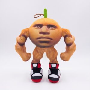Une peluche Italian Brainrot Gigachad Muscle-Tung représentant un personnage musclé orange avec un visage humain, des chaussures noires et rouges, sur un fond blanc.