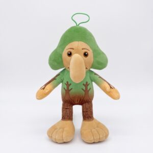 Une peluche Italian Brainrot Gnomo Giga-Chad verte, avec un long nez beige, des bras étendus, de grands pieds et une boucle sur la tête, présentée sur un fond blanc.