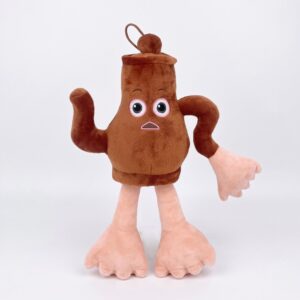 Une peluche marron en forme de théière avec de grands yeux, des bras, des jambes et des pieds roses, Peluche Italian Brainrot Teapot Tralalelo, présentée sur un fond blanc.