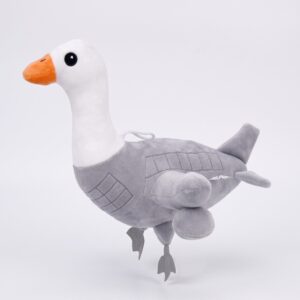Une peluche en forme d’oie grise et blanche, avec un bec orange et des ailes, nommée peluche Italian Brainrot The Honking Rizzler, présentée sur un fond blanc.