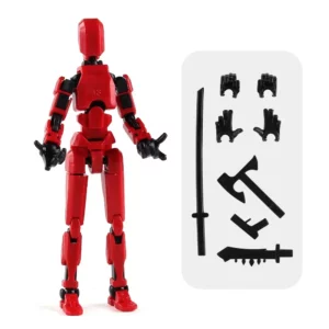 Un robot rouge Robot Titan T13 multi-articulé debout, accompagné de plusieurs accessoires noirs interchangeables, sur un fond blanc.