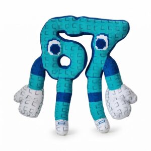 Une peluche Brainrot 67 Sammy vs Jandel turquoise, avec de grands yeux, des bras et des jambes, présentée sur un fond blanc.
