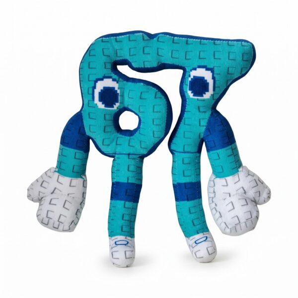 Une peluche Brainrot 67 Sammy vs Jandel turquoise, avec de grands yeux, des bras et des jambes, présentée sur un fond blanc.