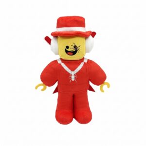 Une peluche Brainrot Jandel Sammy vs Jandel en forme de personnage rouge, avec un chapeau, un visage jaune et une araignée dessinée, présentée sur un fond blanc.