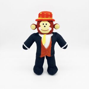 Une peluche singe marron en costume noir, gilet orange et chapeau rouge, nommée peluche Brainrot Black Monkey Sammy vs Jandel, posée sur un fond blanc.