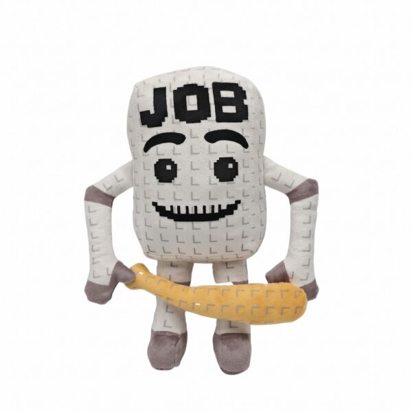 Une peluche Brainrot JOB Sammy vs Jandel blanche avec un visage souriant, des bras et des jambes, tenant un long objet jaune, présentée sur un fond blanc.