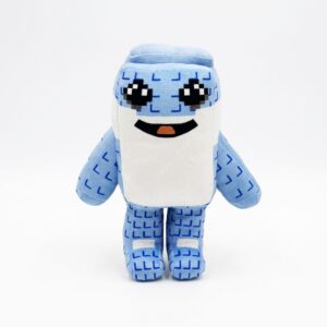 Une peluche Brainrot Ketupat Kepat Sammy vs Jandel bleue et blanche, avec de grands yeux noirs et un sourire, présentée debout sur un fond blanc.