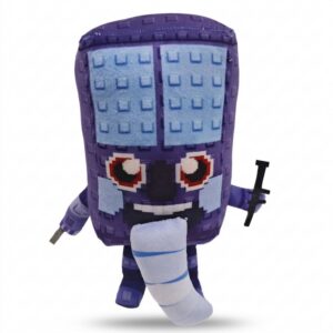 Une peluche violette en forme de personnage, avec de grands yeux, une bouche souriante, une longue trompe bleue et une clé noire à la main : peluche Brainrot Matteo Sammy vs Jandel, sur fond blanc.