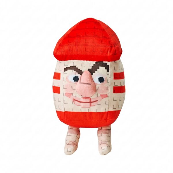 Une peluche Brainrot Karkerkar Kurkur Sammy vs Jandel représentant un personnage souriant avec un bonnet rouge, des lunettes et deux petites jambes, sur fond blanc.