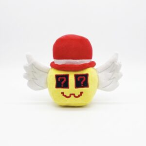 Une peluche Brainrot Lucky Block Sammy vs Jandel jaune avec un chapeau rouge, des ailes blanches et deux points d’interrogation sur le visage, posée sur un fond blanc.