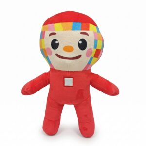Une peluche Brainrot Noobini Pizzanini Sammy vs Jandel rouge, avec un visage souriant, un bonnet coloré et les bras écartés, présentée sur un fond blanc.