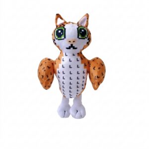 Une peluche Brainrot Orcalero Orcala Sammy vs Jandel représentant un personnage orange et blanc aux grands yeux verts, aux oreilles pointues et aux longues pattes, présentée sur un fond blanc.