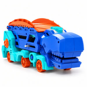 Camion dinosaure bleu, turquoise et orange en position fermée